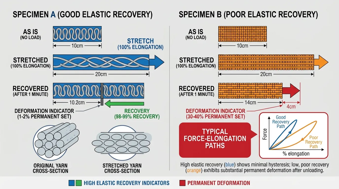 Technical diagram comparing fabric stretch and recovery rates